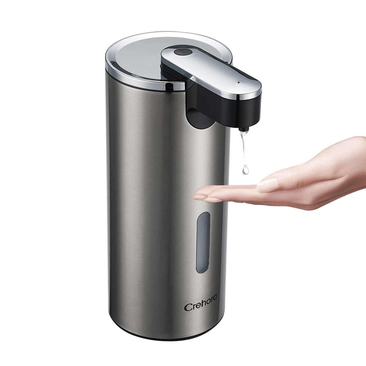 Crehora automatic soap dispenser front view showcases modern stainless steel finish.
