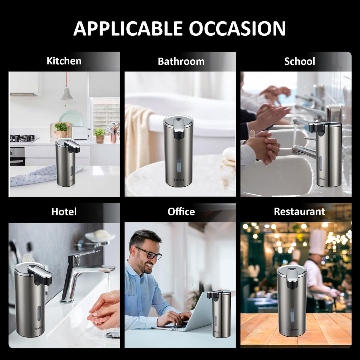 Crehora soap dispenser in kitchen and bathroom scene demonstrates versatile placement.