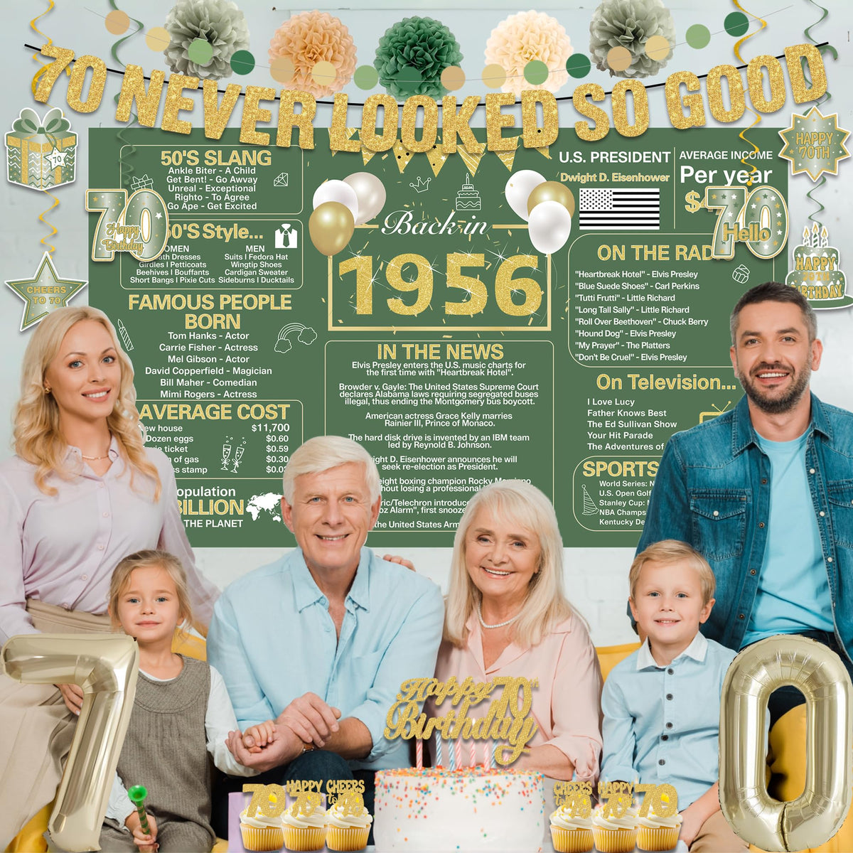 Crenics cake toppers featuring 70 highlight the dessert display.
