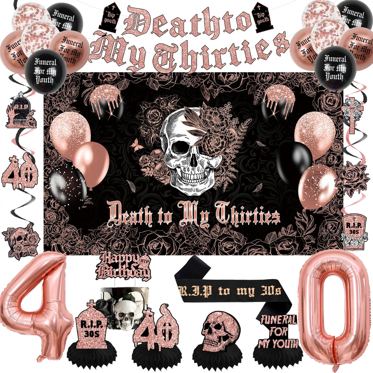 Crenics death to my thirties backdrop for dramatic 40th birthday photo backdrops.