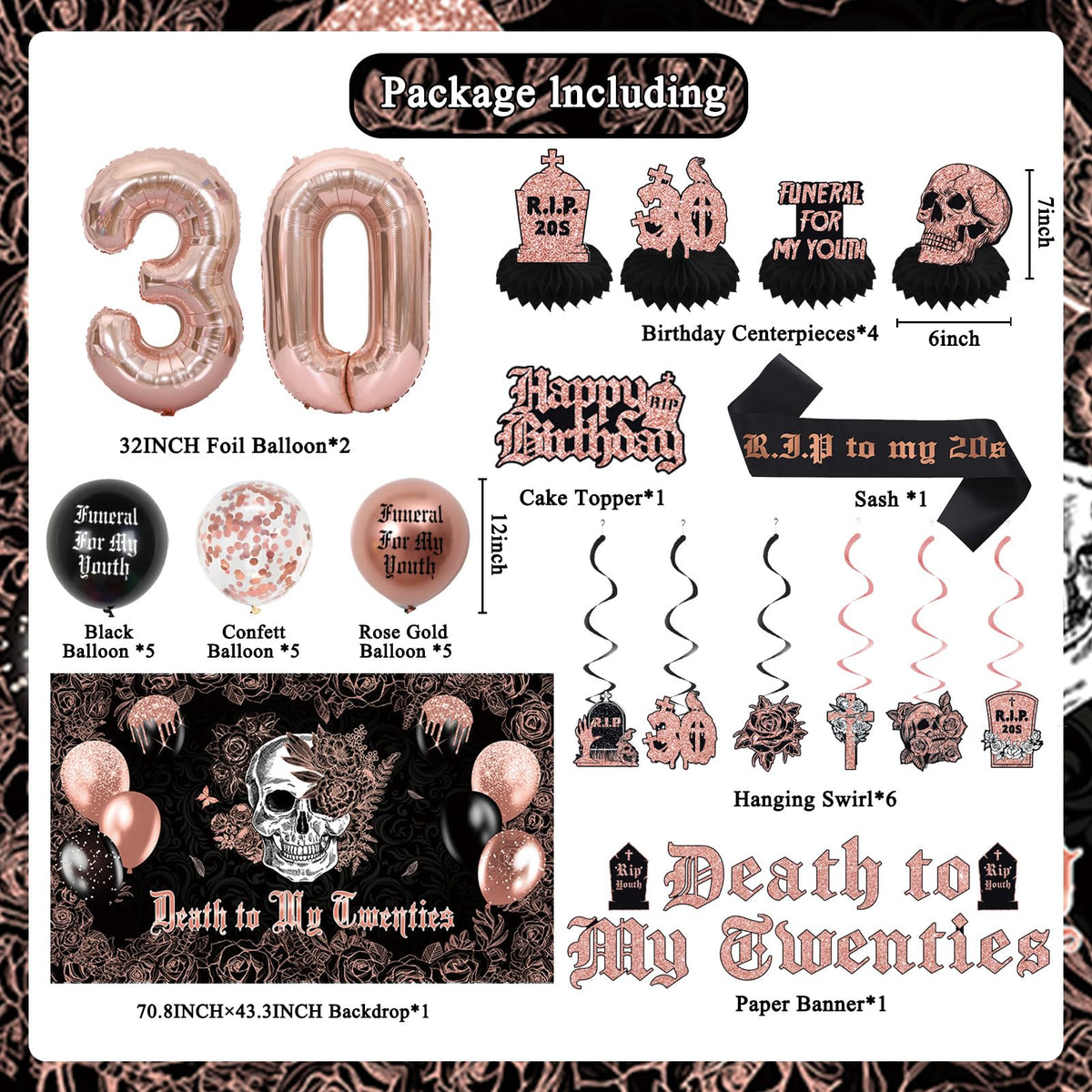 Crenics death to my twenties banner complements rose gold party styling.