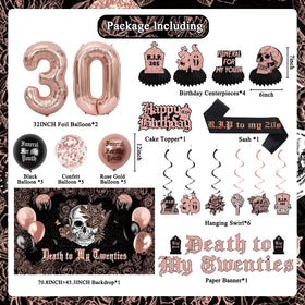 Crenics death to my twenties banner complements rose gold party styling.