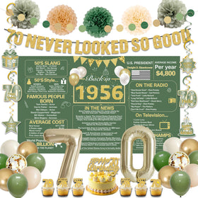 Crenics green and gold 70th birthday backdrop, perfect for memorable photos.