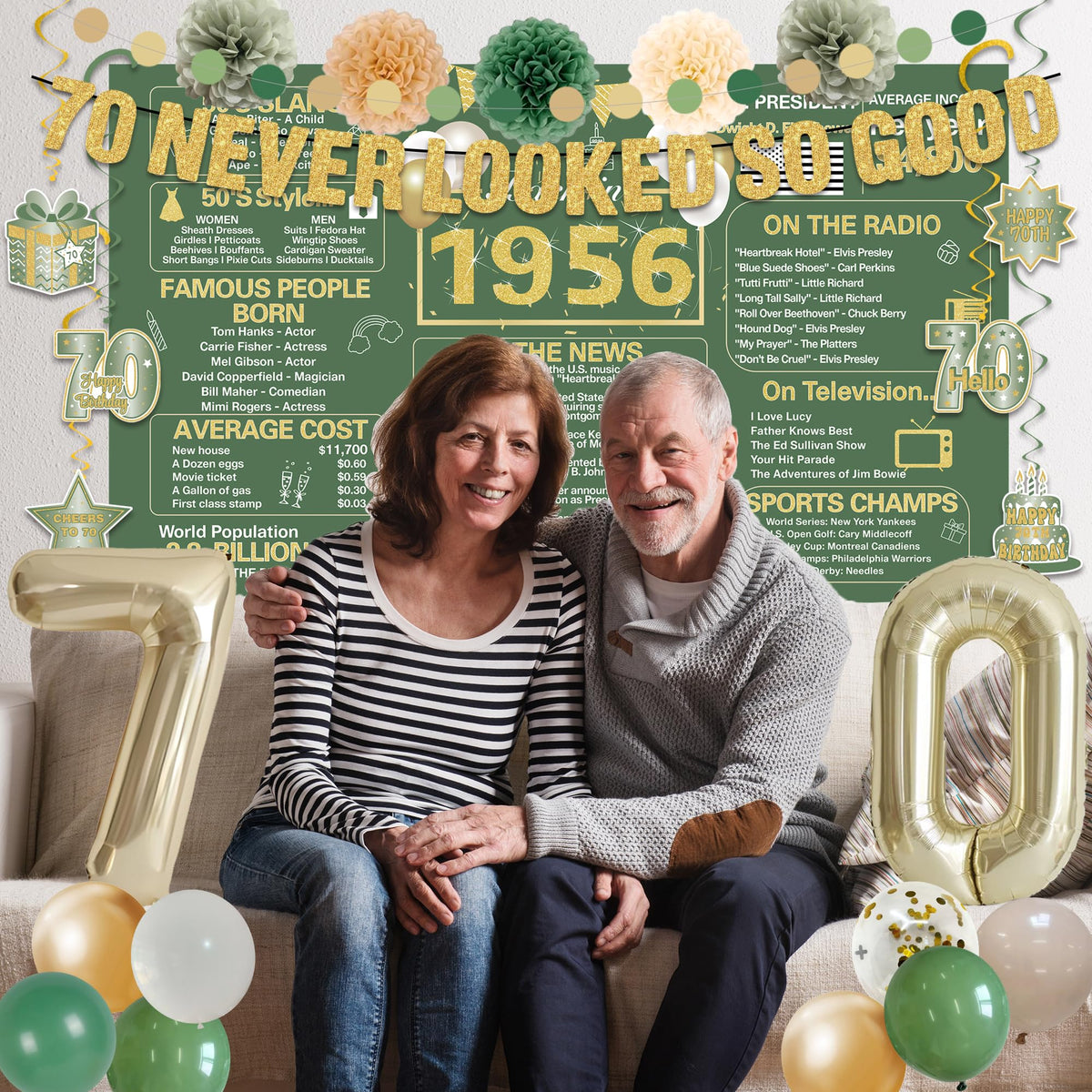 Crenics paper pom poms in green and gold create festive texture.