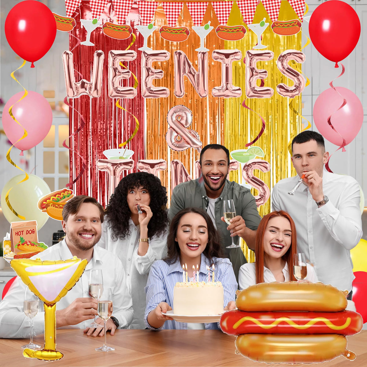 Crenics weenies-tinis balloons banner links decor elements for a cohesive theme.
