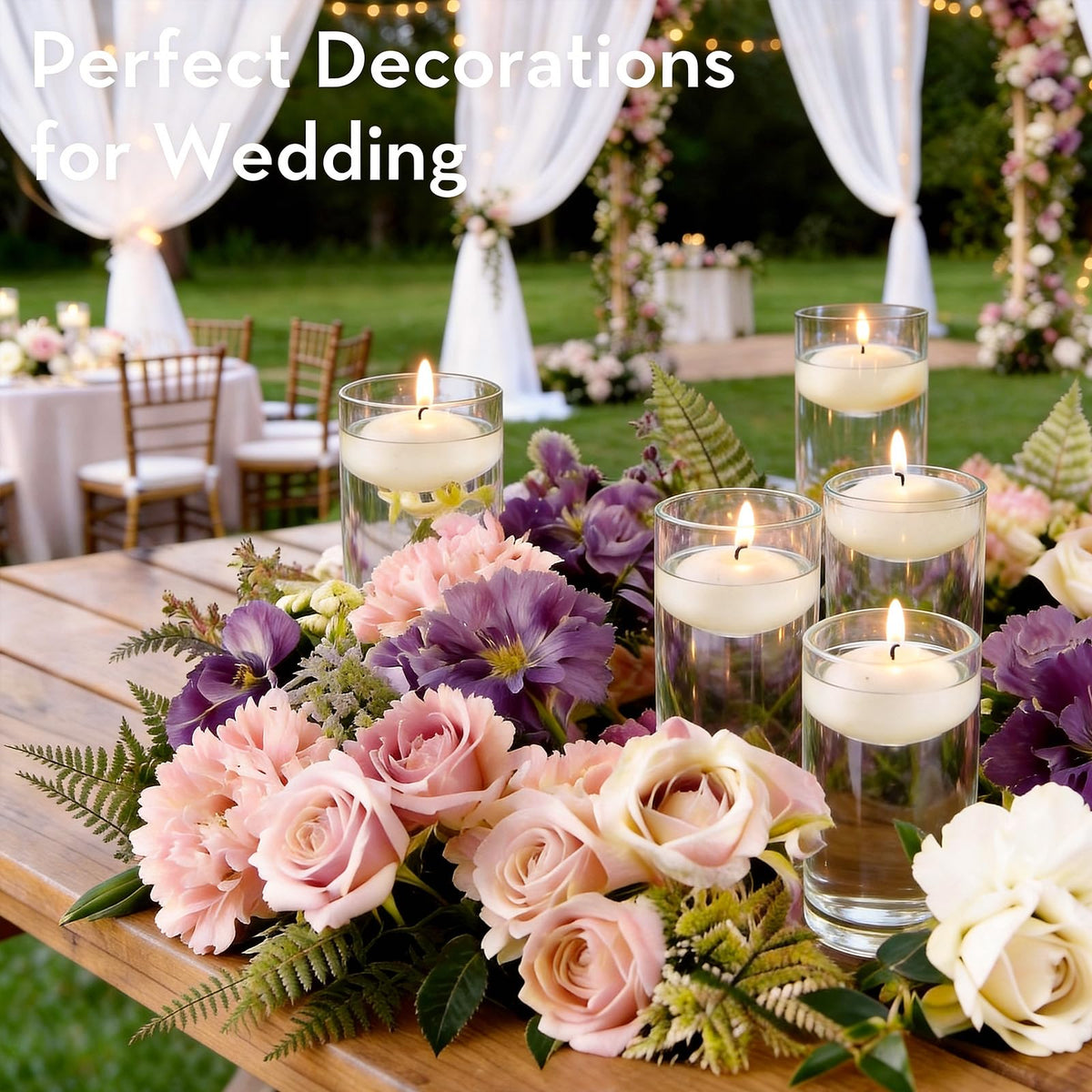 Crenovo ivory floating candle creates romantic wedding centerpiece lighting.