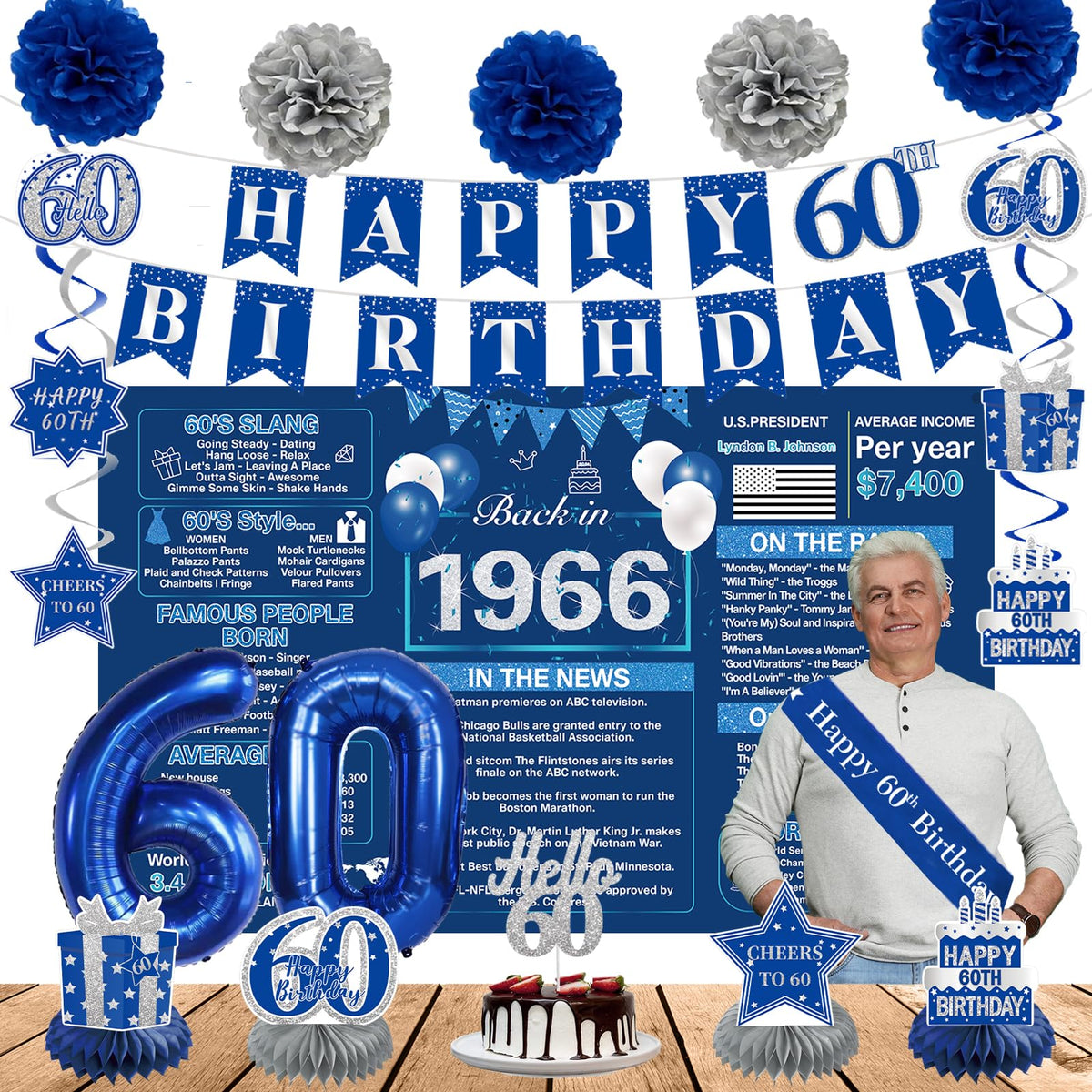 Crenics back-in-1966 backdrop creates nostalgic 60th birthday photo moments.