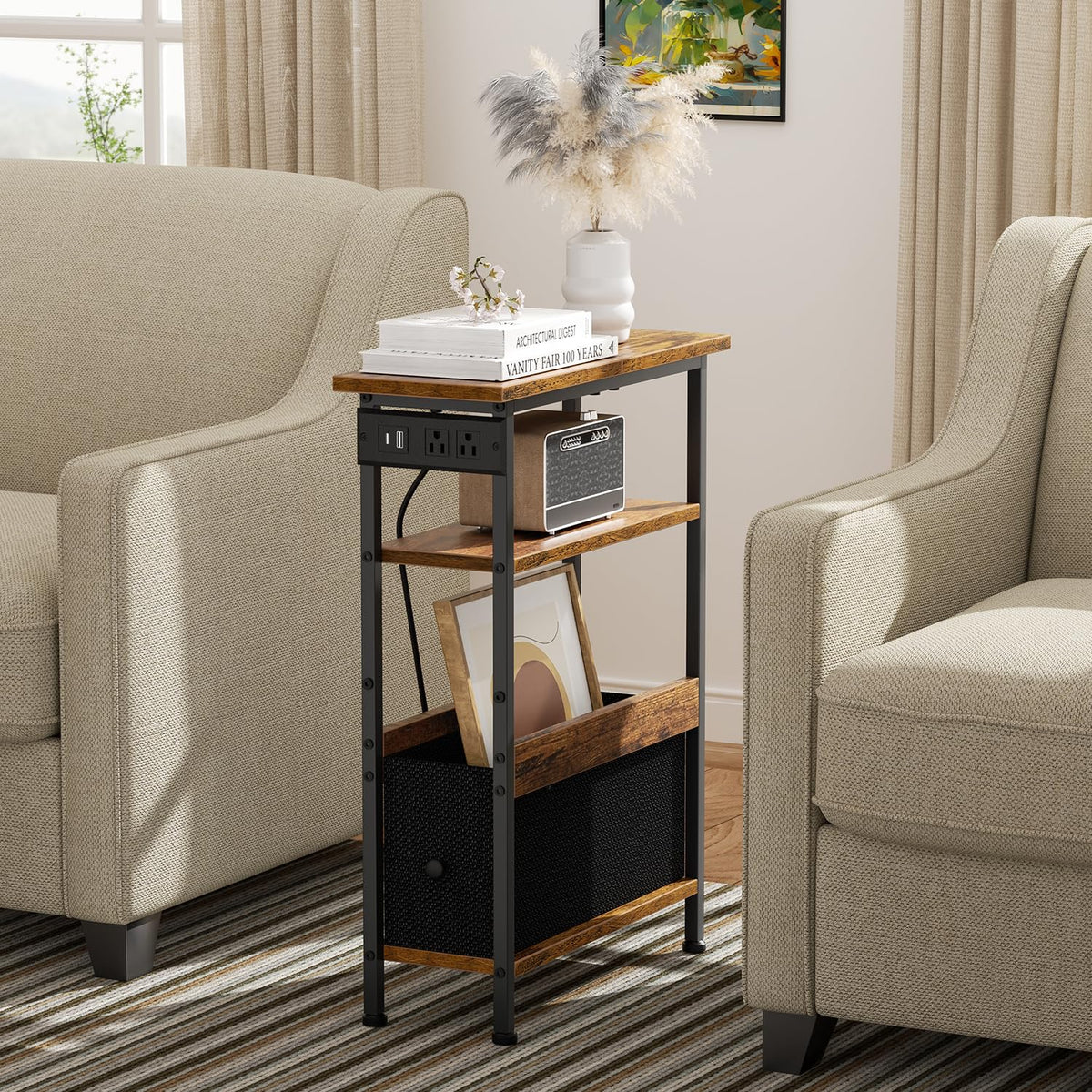 Creso hom slim table showing charging station powering devices at bedside.
