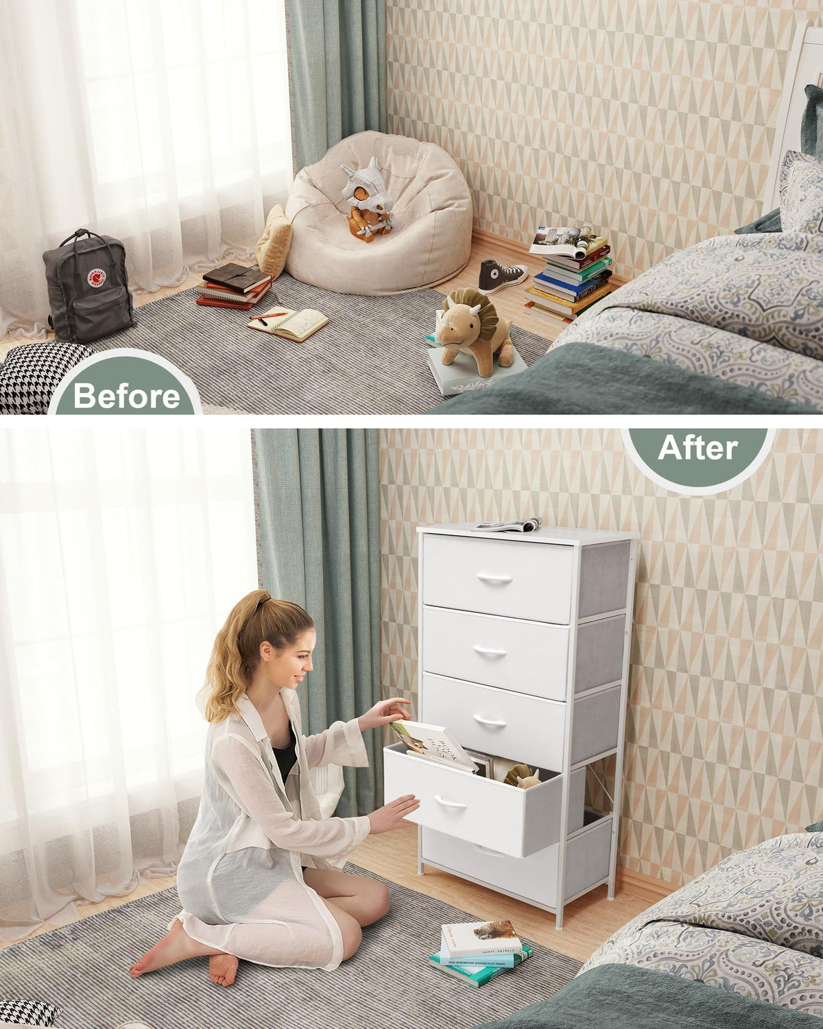 Crestlive slim 5-drawer chest fits a narrow spot in small rooms.