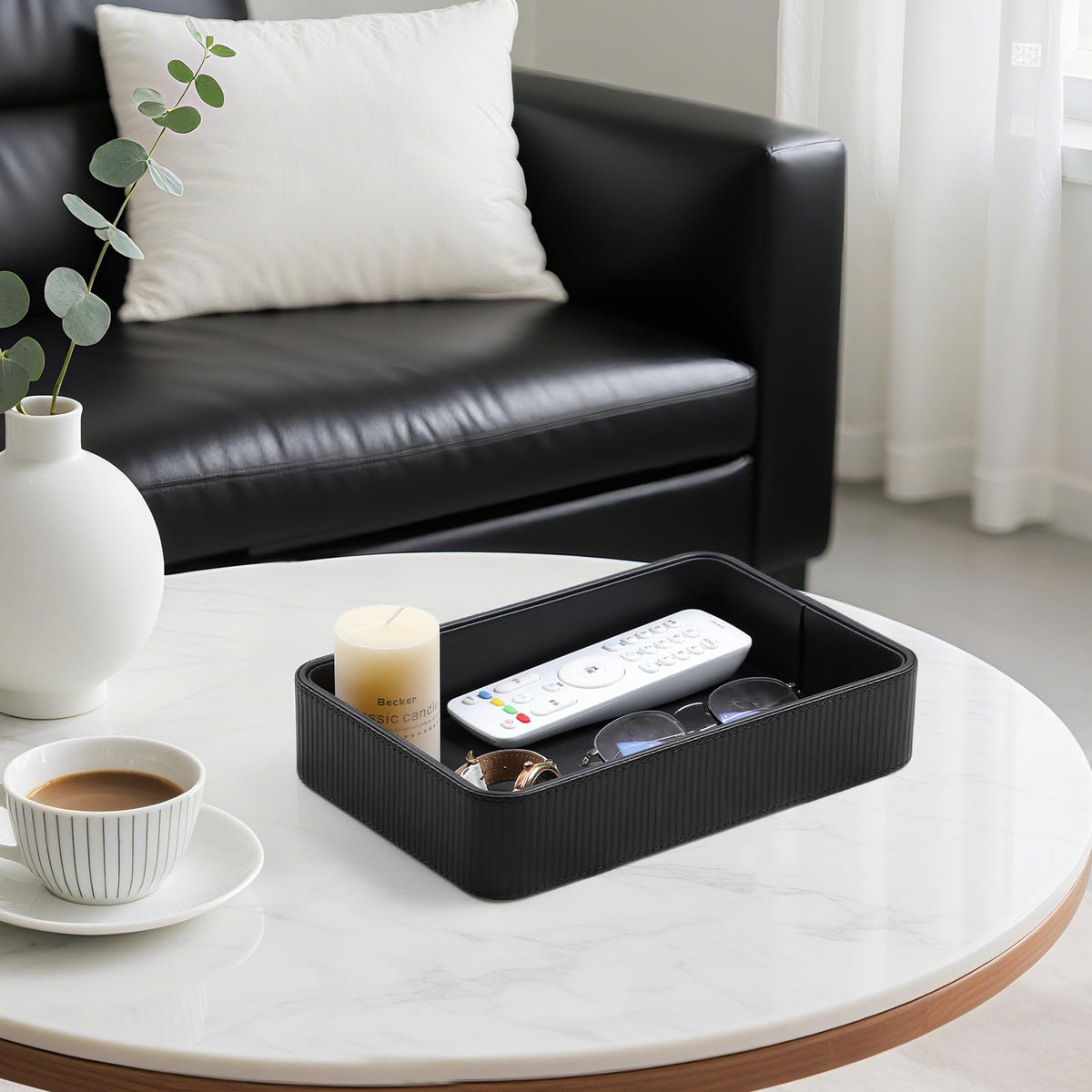 Cretkhp PU leather valet tray entryway console organizes small items