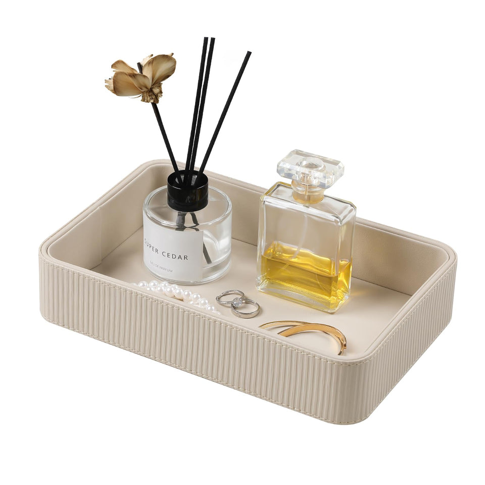 Cretkhp PU leather valet tray stripe design front view keeps keys and jewelry organized.