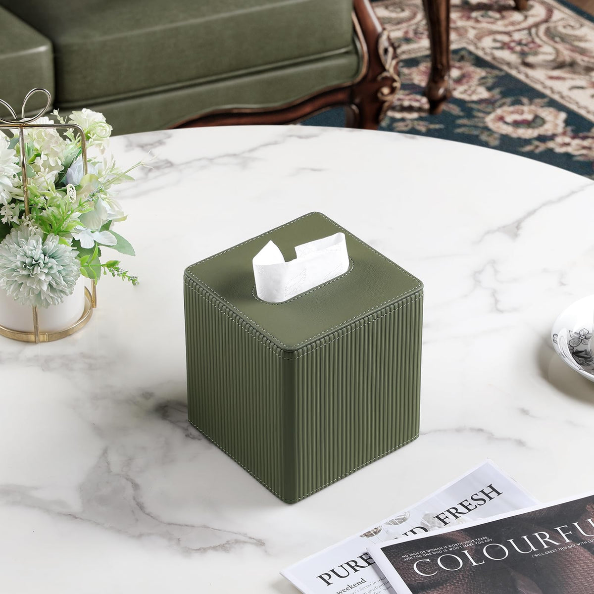 Cretkhp bathroom vanity accessory keeps tissues organized and reachable.