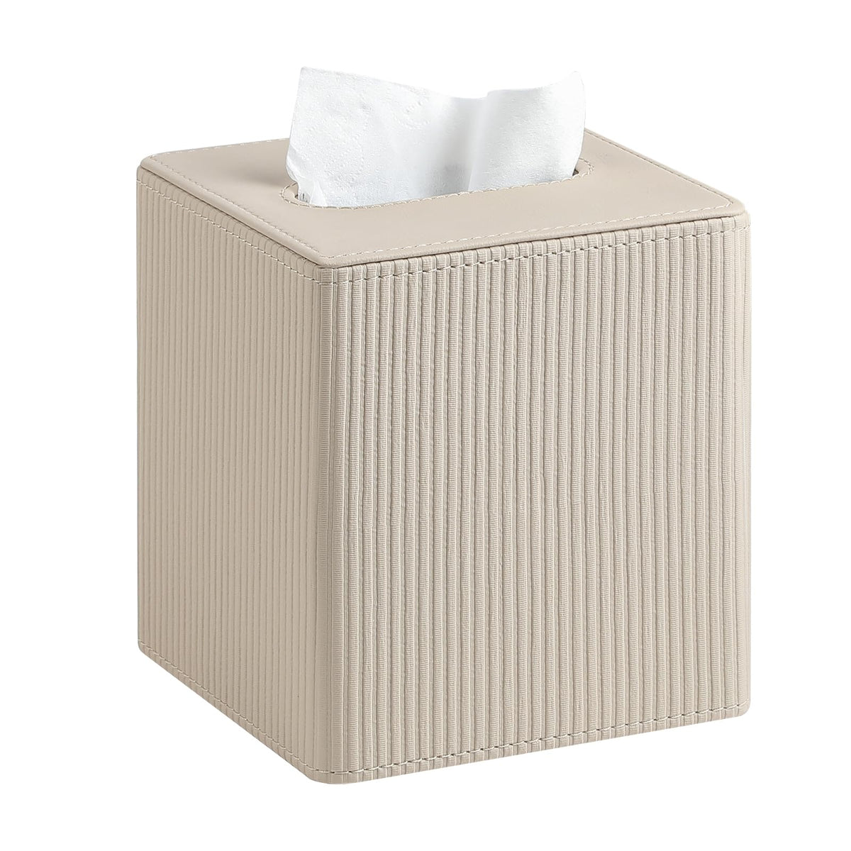 Cretkhp beige tissue box cover with magnetic closure for easy refills.