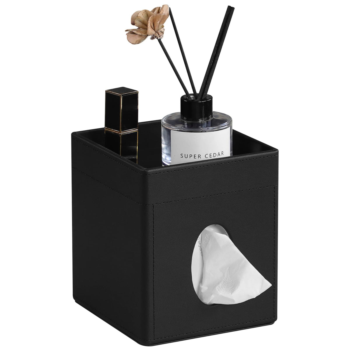 Cretkhp black PU leather tissue box cover hides packaging with sleek style.