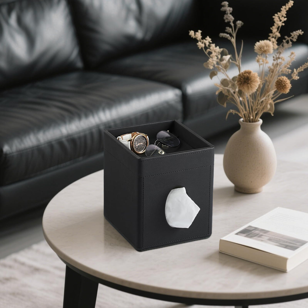 Cretkhp tissue box cover with magnet lid keeps tissues secure and accessible.