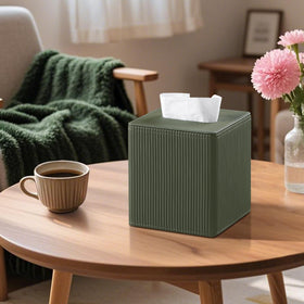 Cretkhp tissue box holder fits standard square tissue boxes on tables.