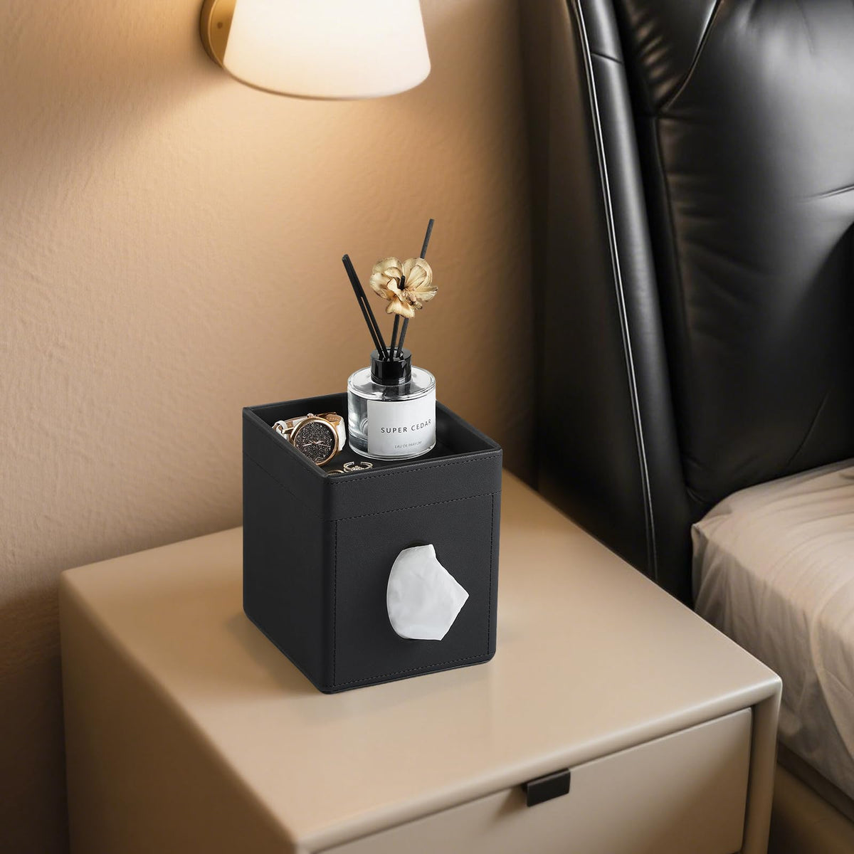 Cretkhp decorative tissue holder complements desks, vanities, and nightstands.