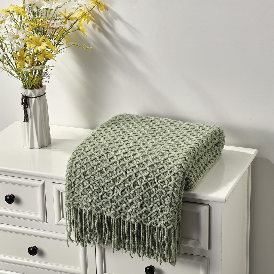 CREVENT Farmhouse Boho knitted throw with geometric print adds cozy warmth to your couch