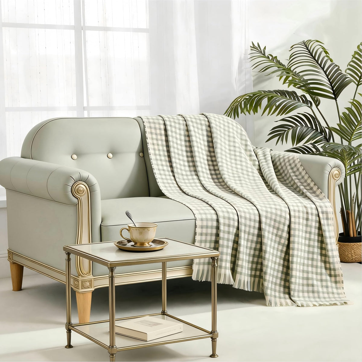 CREVENT Farmhouse Boho knitted throw on couch side view for casual living