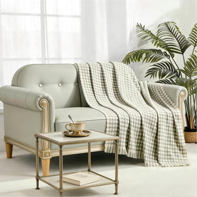 CREVENT Farmhouse Boho knitted throw on couch side view for casual living