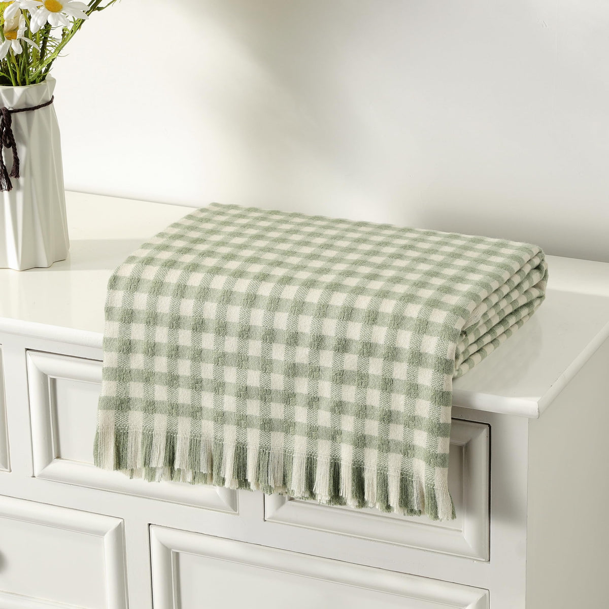 CREVENT Farmhouse Boho knitted throw fringe edges add refined decor detail