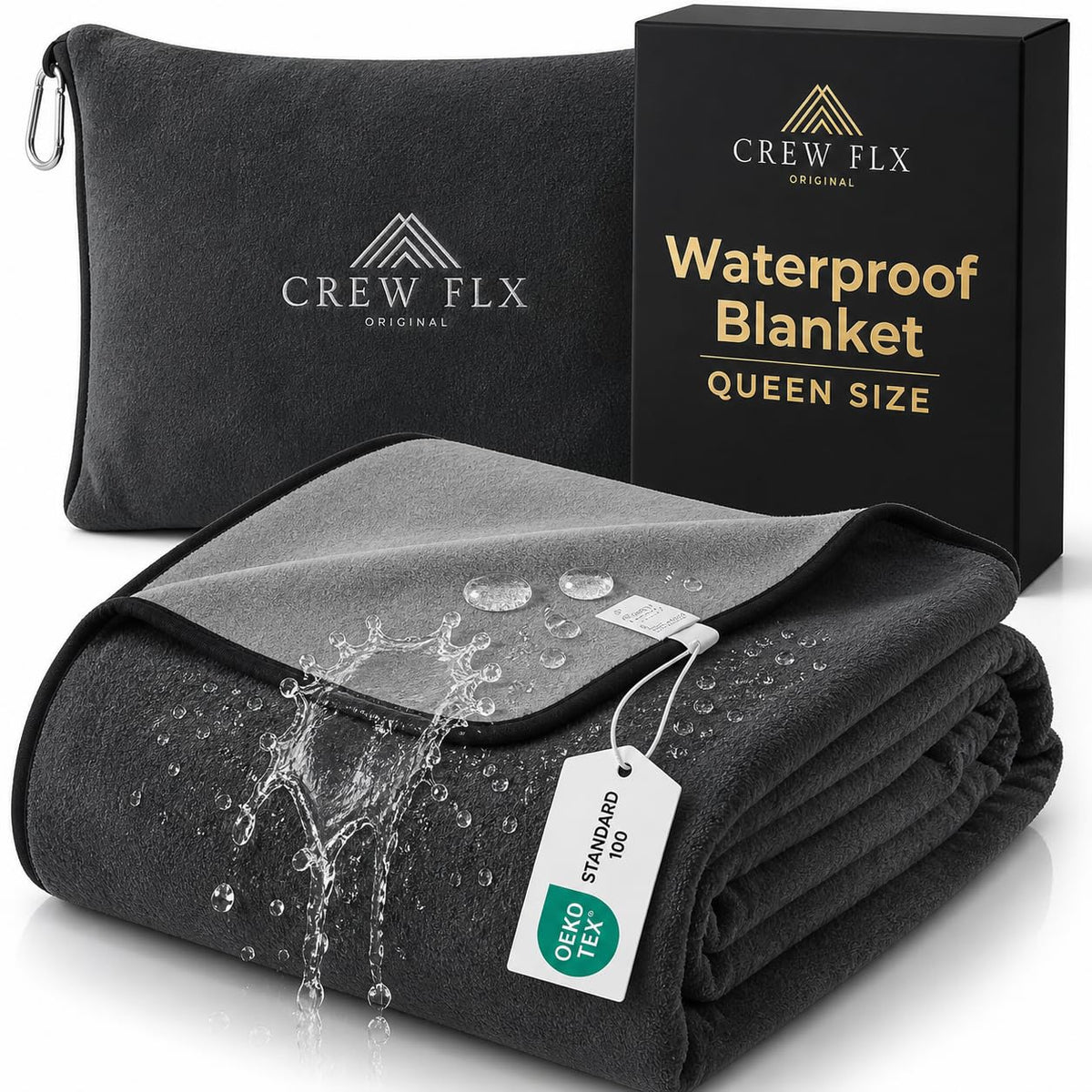 CREW FLX waterproof blanket on bed top view showing plush fleece
