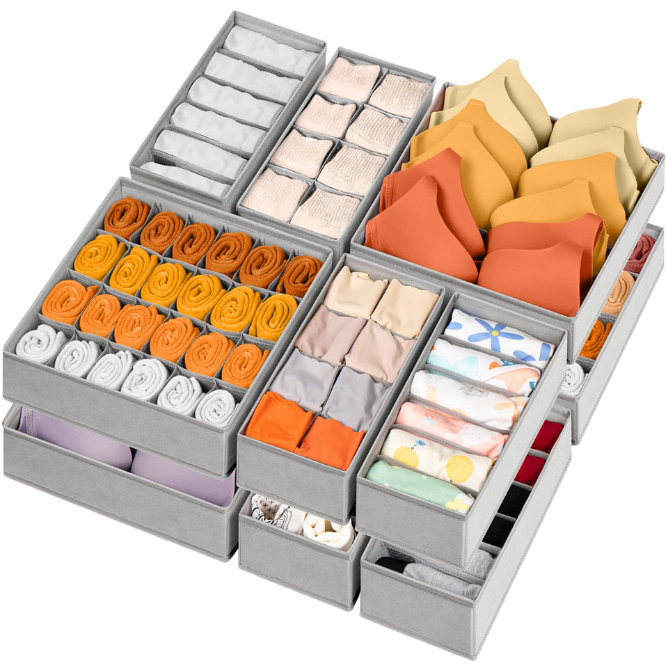 Criusia 12-pack drawer organizers top view shows segmented storage options for organized clothing.