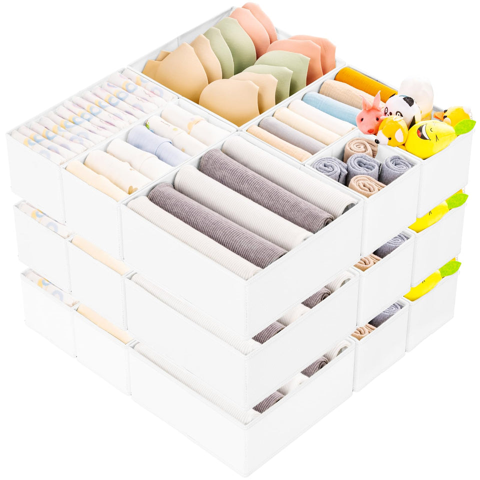 Criusia 15-pack drawer organizers in a drawer demonstrate organized storage.