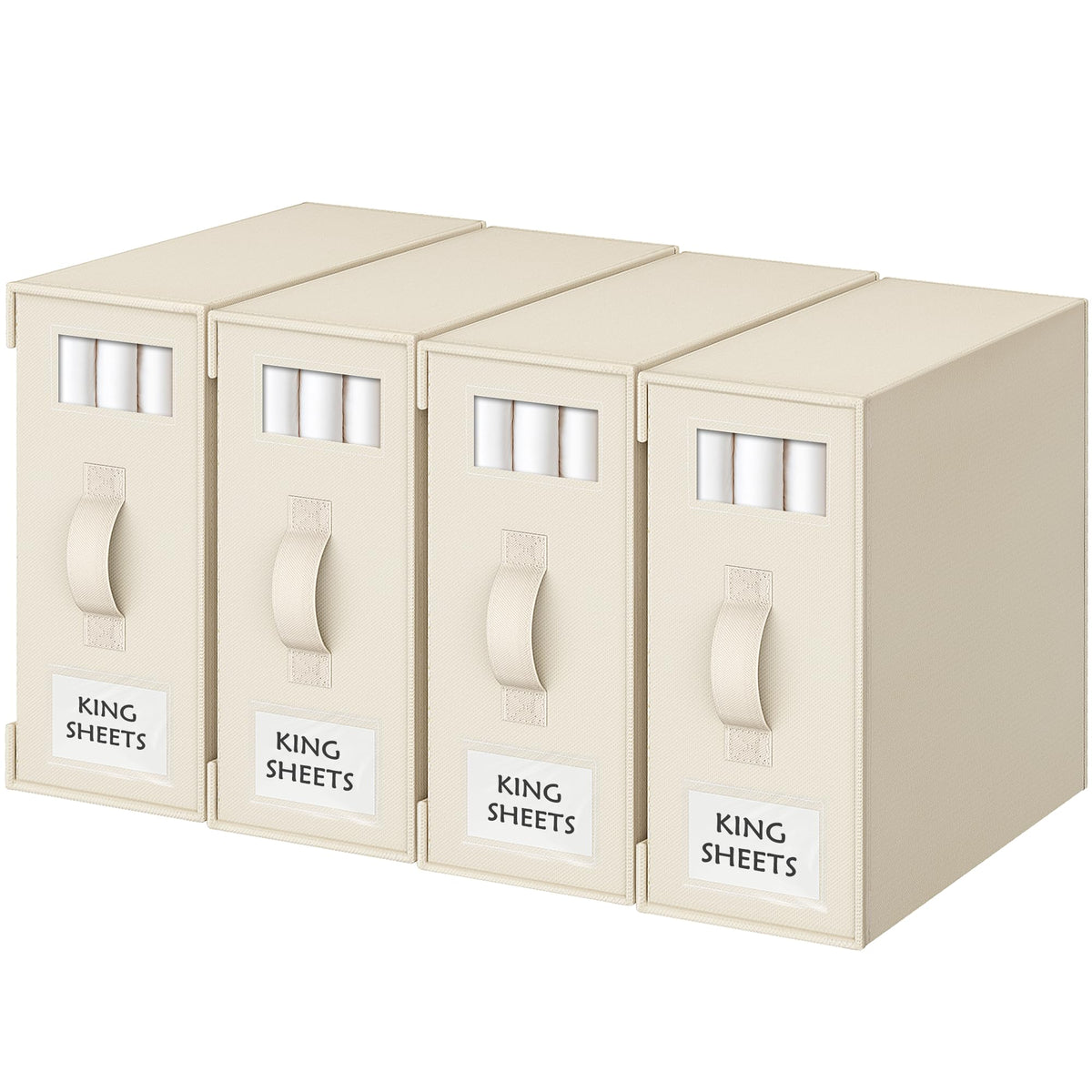 Criusia 4-pack beige bed sheet organizers, front view showing neat stacking for easy access.