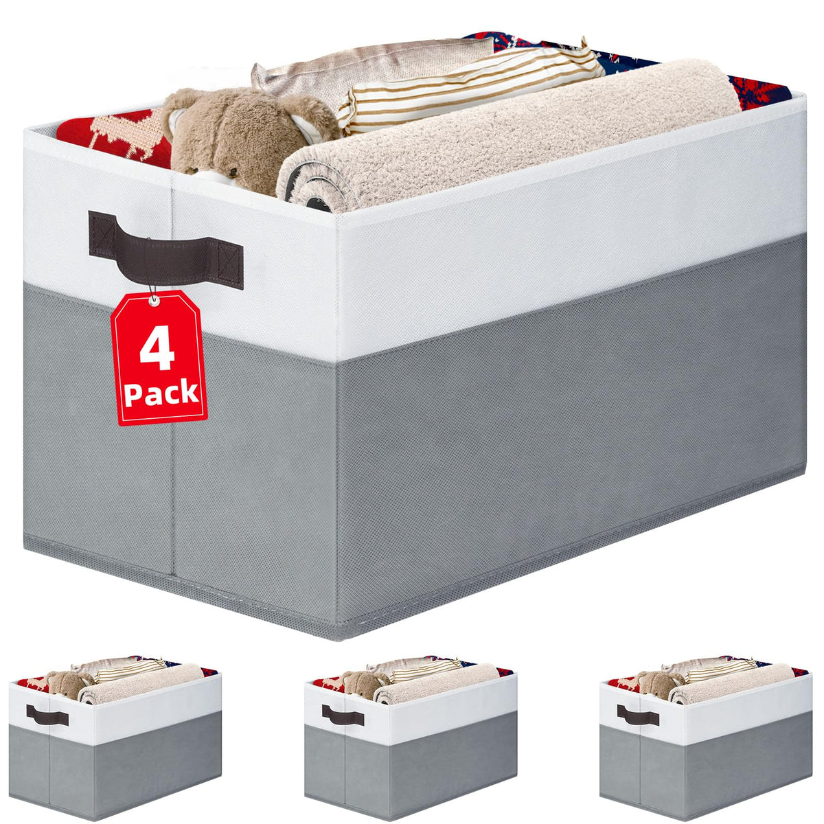 Criusia 4-pack closet bins with two-toned design and handles for easy shelf organization.