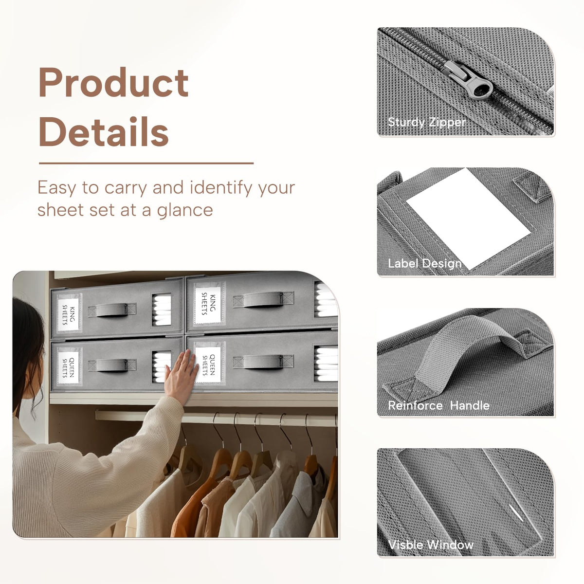 Criusia box fits queen or king sheets with compact, stackable design