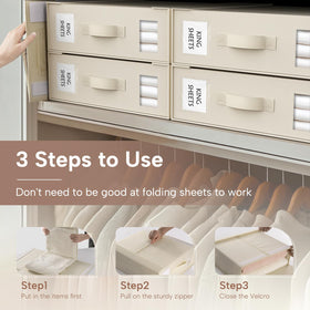 Beige Criusia organizers in a closet display for a tidy, cohesive look.