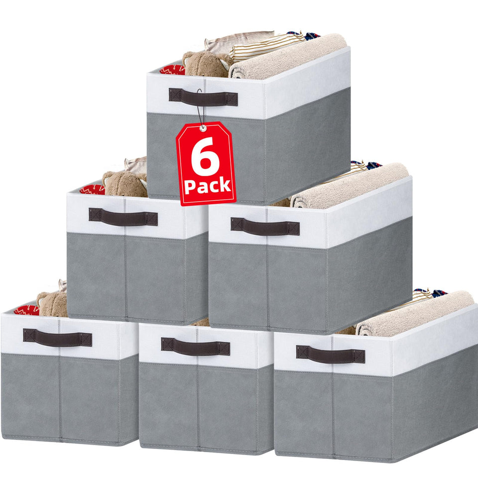 Criusia six-pack closet bins with handles shown on a shelf for organized storage.