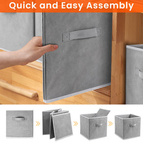 Criusia grey clothes-organization bin on shelf helps declutter closet.