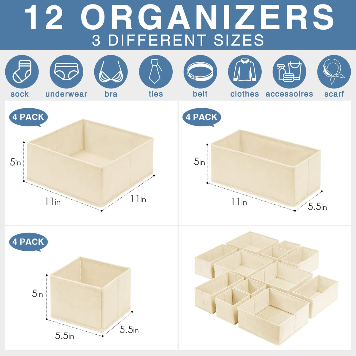Criusia beige medium bin organizes tops and underwear in a drawer.