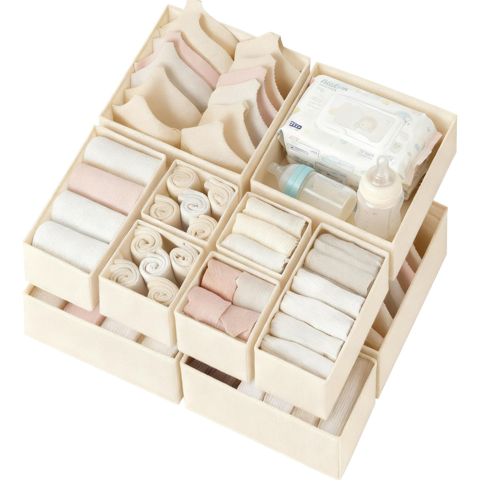Criusia beige drawer organizer 12-pack in nursery setup keeps clothes neatly sorted.