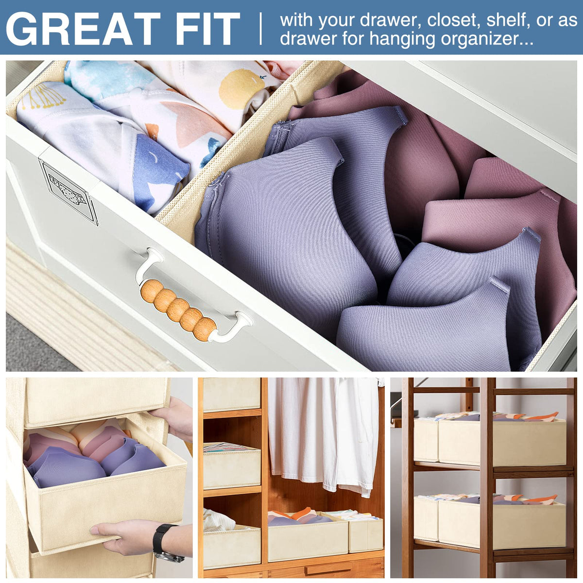 Criusia beige small bin keeps socks and accessories tidy.