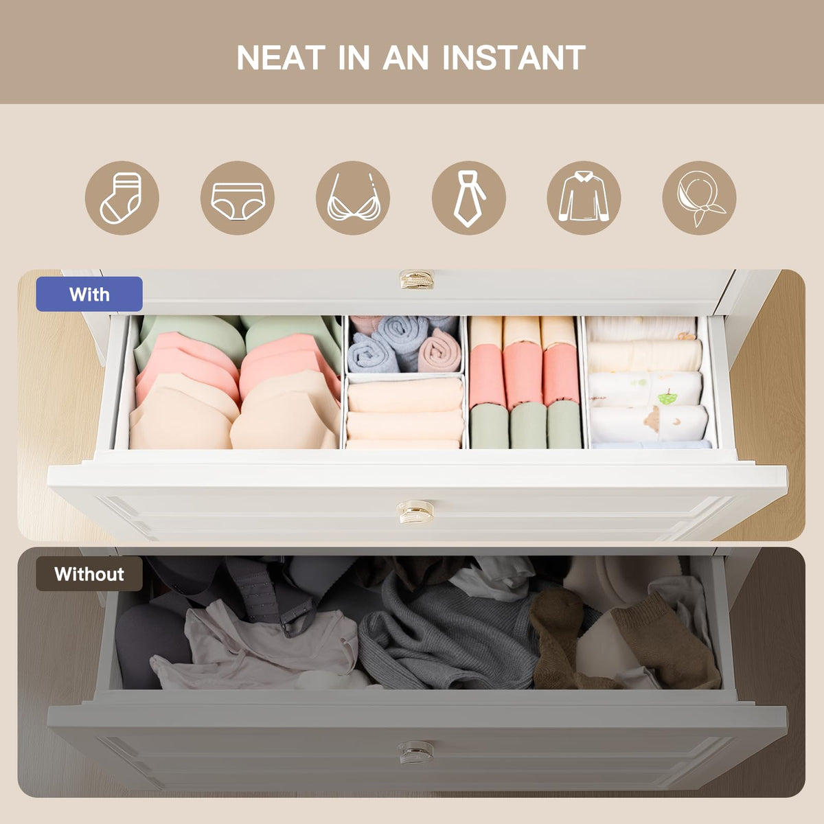 Criusia large drawer organizer interior view demonstrates reinforced bottom