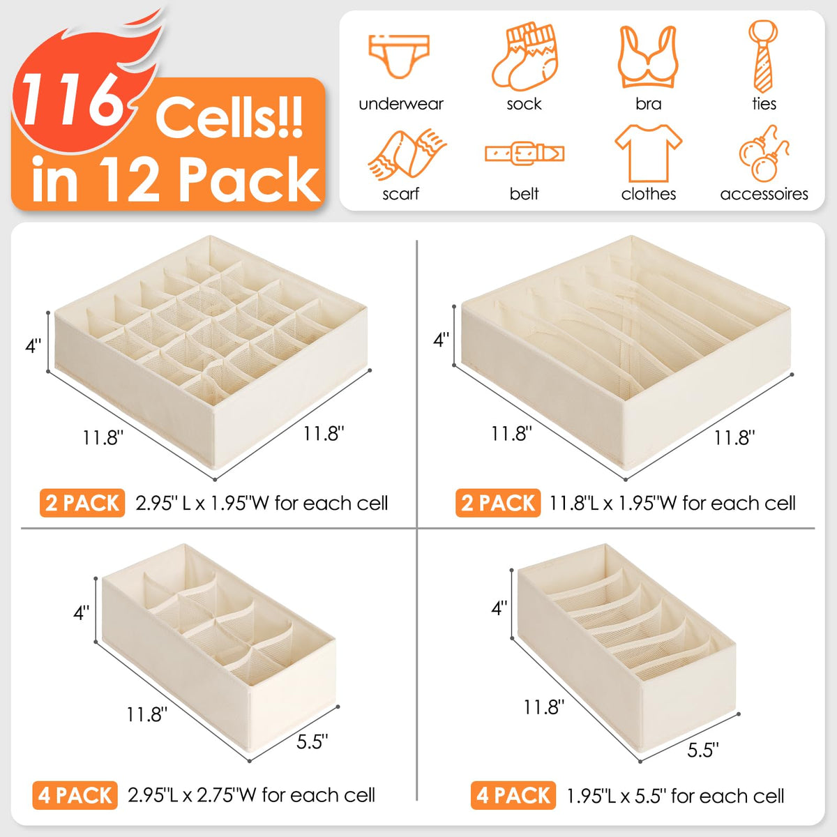 Criusia fabric drawer bins fit most dressers for tidy underwear and socks.