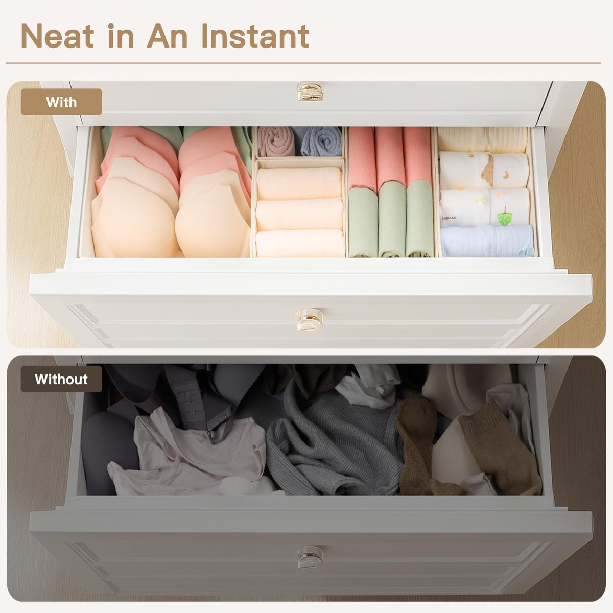 Criusia dresser organization set enhances room order with accessible compartments.
