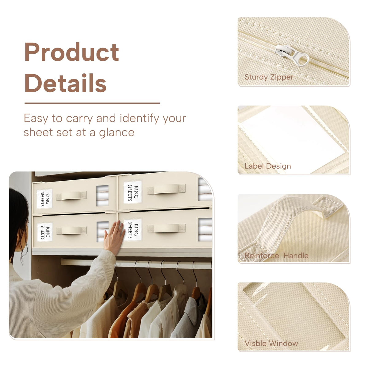 Fold and zip design for fast, tidy bedding organization with a secure closure.