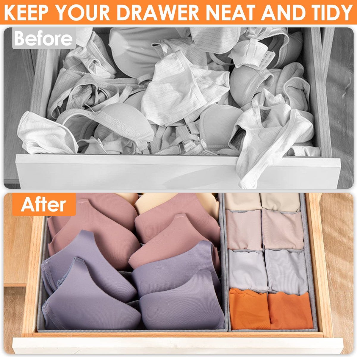 Foldable Criusia fabric bins arranged in a drawer for dorm room organization