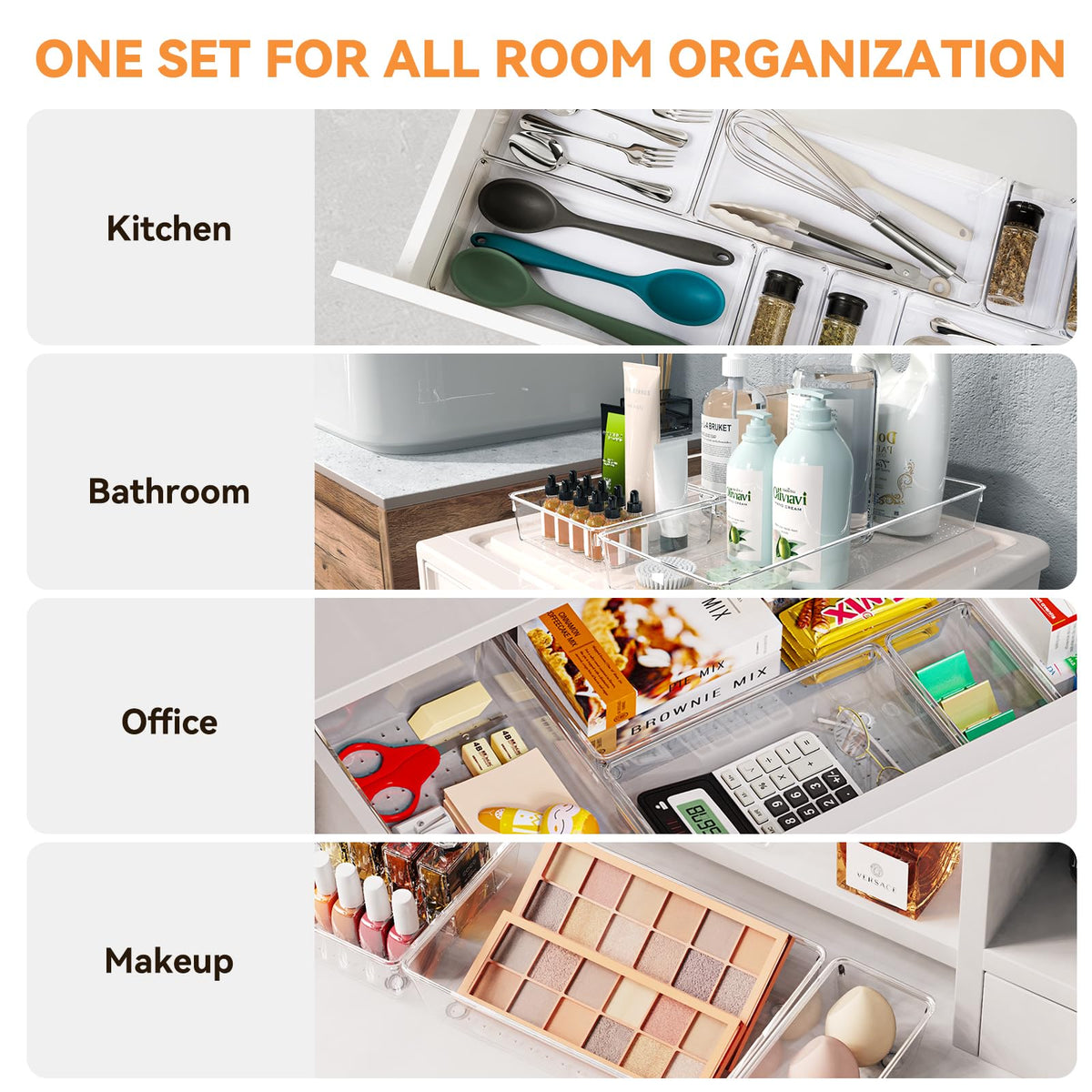 Criusia L drawer organizer in clear acrylic keeps cosmetics neatly sorted.