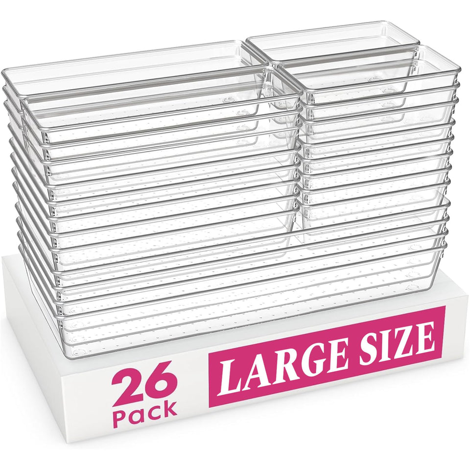 Criusia large drawer organizer trays keep kitchen utensils neatly separated.