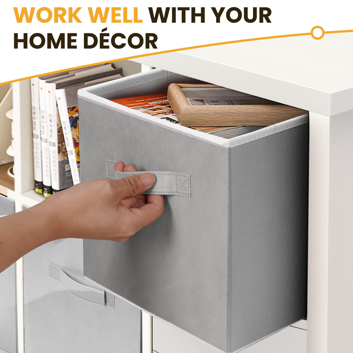 Criusia grey fabric boxes stacked to maximize shelf space and order.