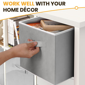 Criusia grey fabric boxes stacked to maximize shelf space and order.