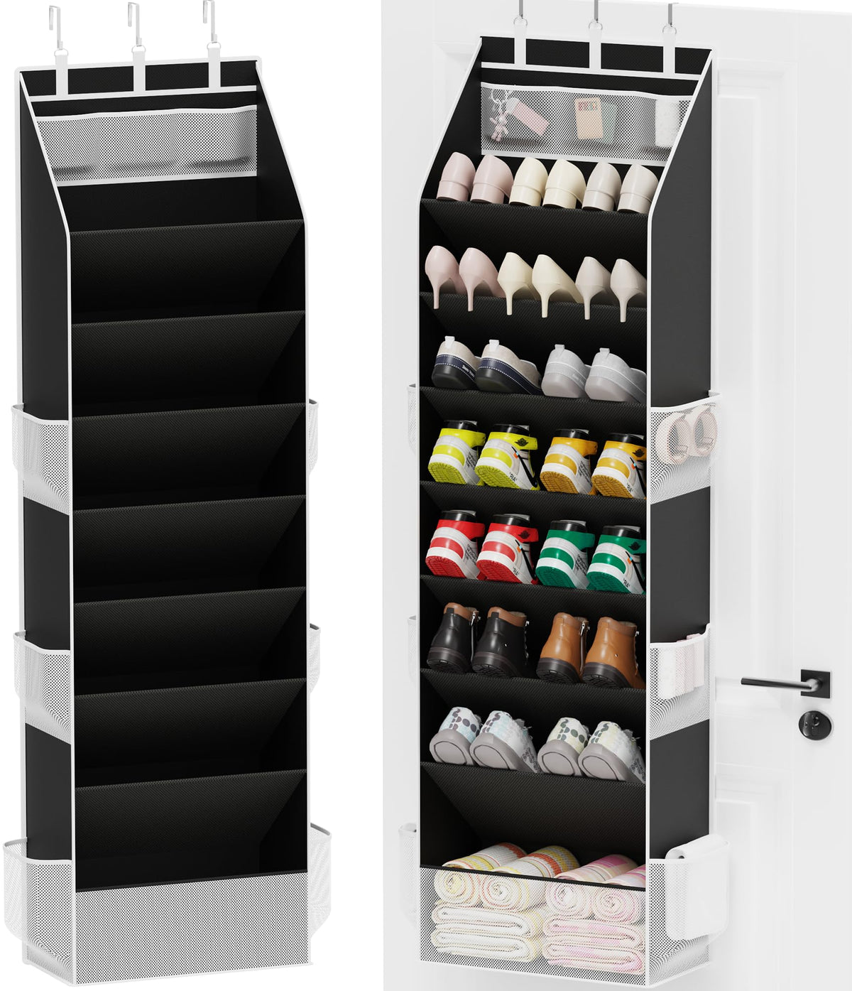 Criusia over-door shoe organizer with eight tiers declutters closet space.