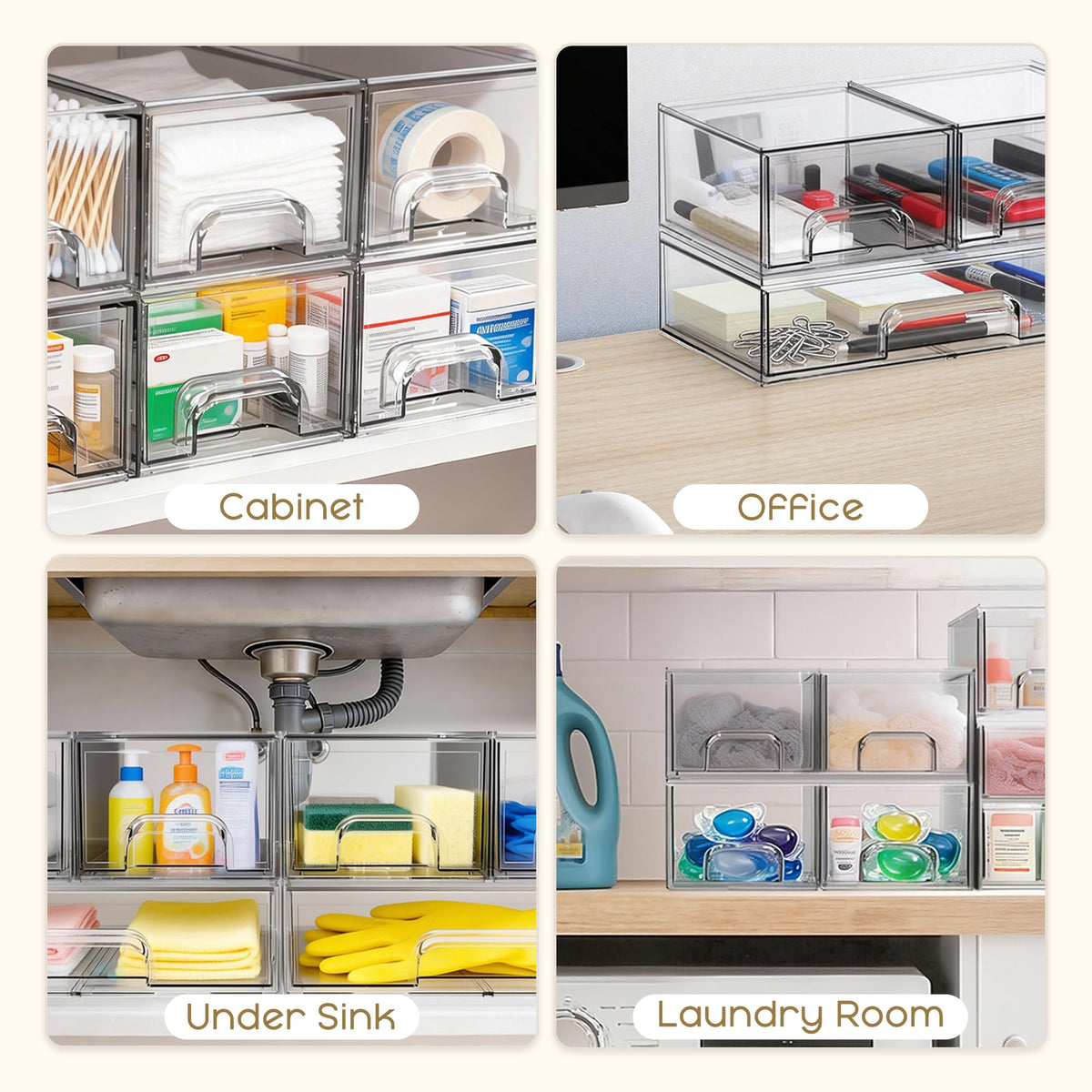 Criusia transparent drawers reduce clutter by providing easy access at a glance.