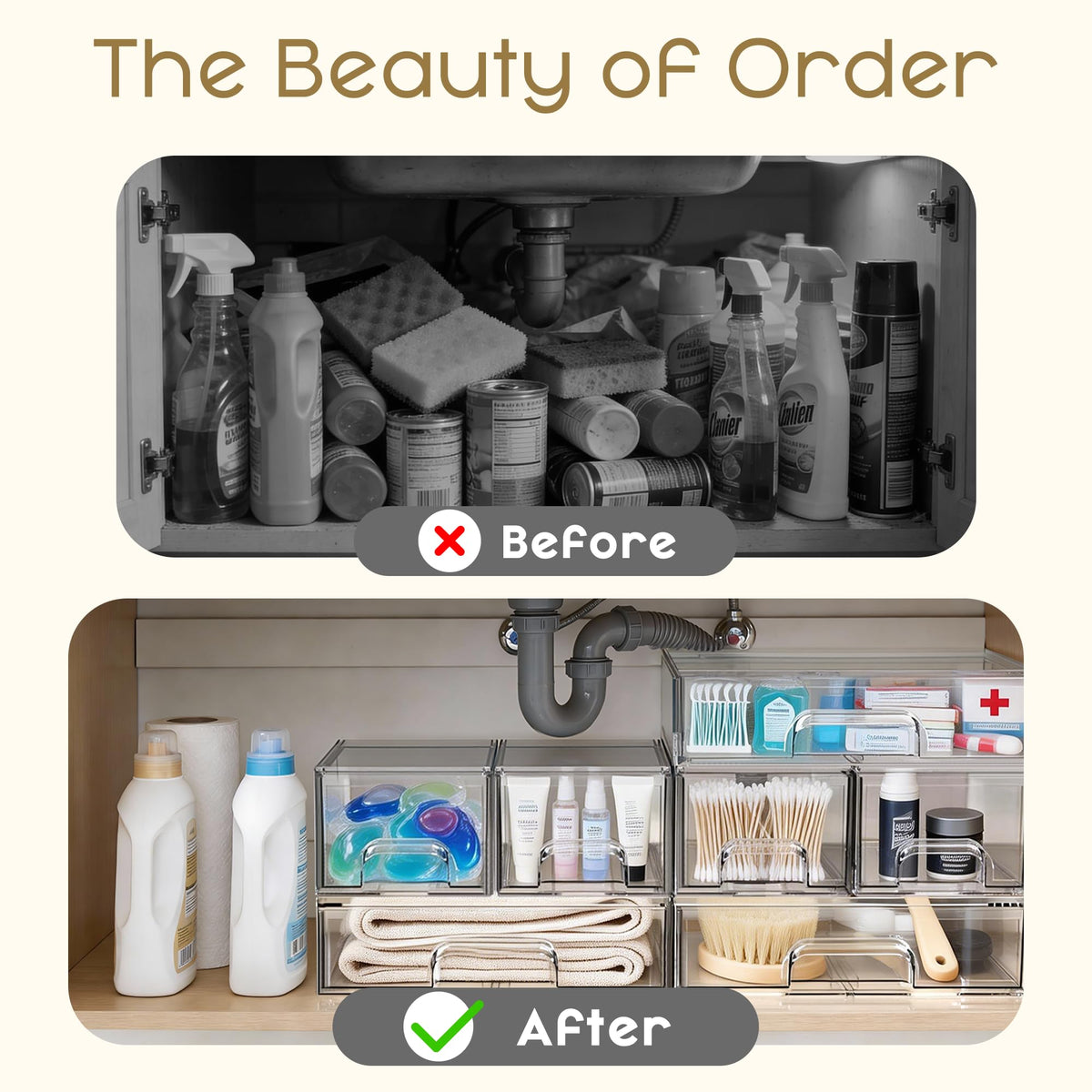 Criusia stacked organizers simplify kitchen, vanity, and pantry organization.