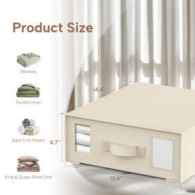 Dimensions of the storage box: 14.6 by 12.6 by 4.7 inches for bedding sets.